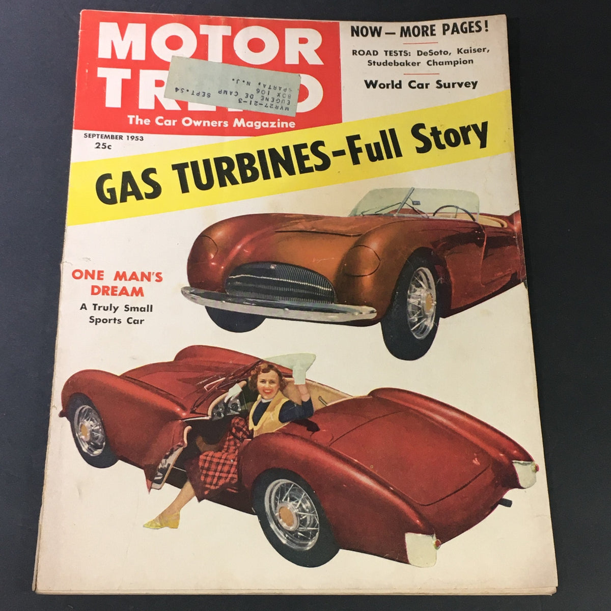 Cover of VTG Motor Trend Magazine September 1953 featuring the World Car Survey and a spotlight on Studebaker Champion with images of sports cars and a woman in a circular sports car design.