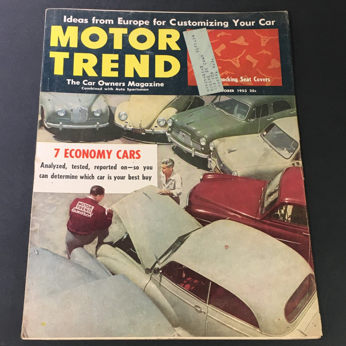 Cover of Motor Trend Magazine - October 1953 featuring the title, '7 Economy Cars' and images of various cars, highlighting the theme of European customization.