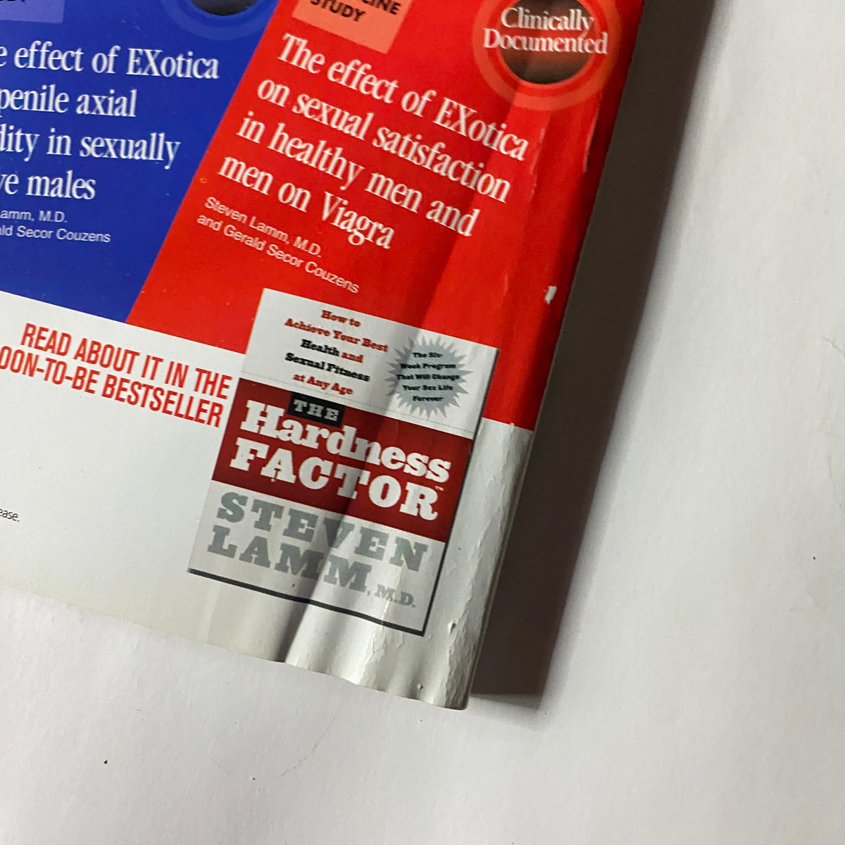 Close-up detail of the Fitness RX Magazine November 2005 back cover discussing the effectiveness of sexual fitness products with branding details of the Hardness Factor.