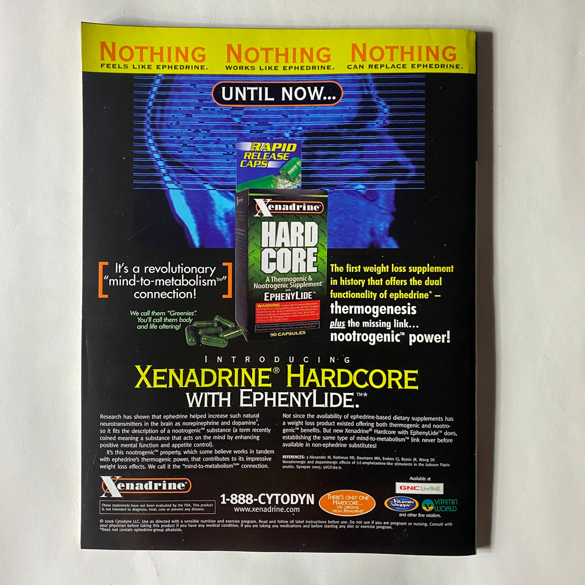 Back cover of Fitness RX Magazine May 2006, featuring an advertisement for Xenadrine Hardcore, a weight loss supplement, promoting its benefits for metabolism with a slogan about revolutionary connections in fitness.