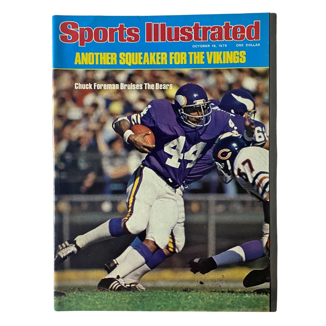 Cover of the Sports Illustrated Magazine from October 18, 1976, featuring Chuck Foreman in a Vikings uniform, highlighting the iconic moments in NFL history.