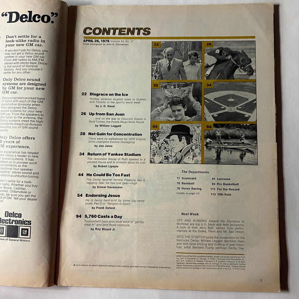 Inside page of the April 26, 1976 Sports Illustrated magazine featuring the table of contents, showcasing key articles including Evonne Goolagong's tennis journey.