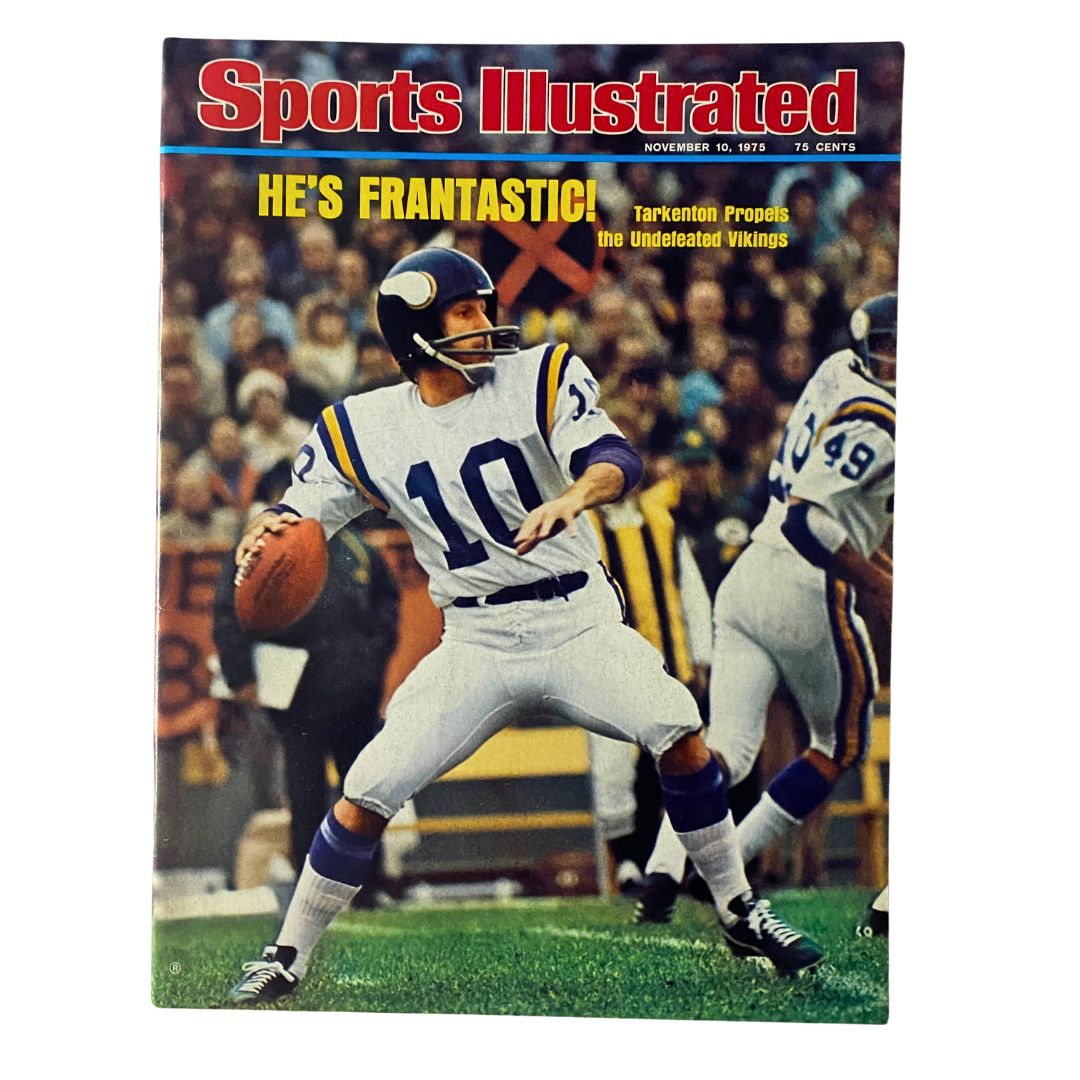 VTG Sports Illustrated Magazine from November 10, 1975 featuring Fran Tarkenton on the cover, showcasing him in action as a quarterback for the Minnesota Vikings with a headline 'HE'S FRANTASTIC!'.