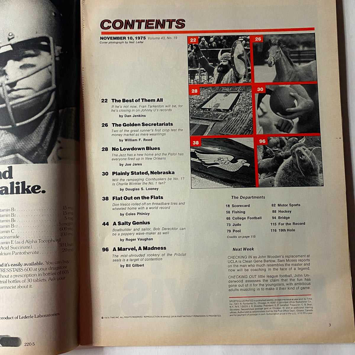Inside contents page of VTG Sports Illustrated Magazine November 10, 1975, detailing articles including 'The Best of Them All' and 'The Golden Secretariats'.