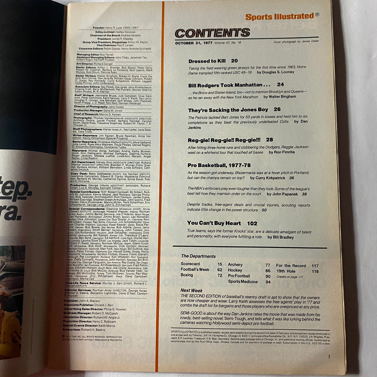 Inside page of the Sports Illustrated Magazine October 31 1977, displaying the table of contents and highlighting sports features.
