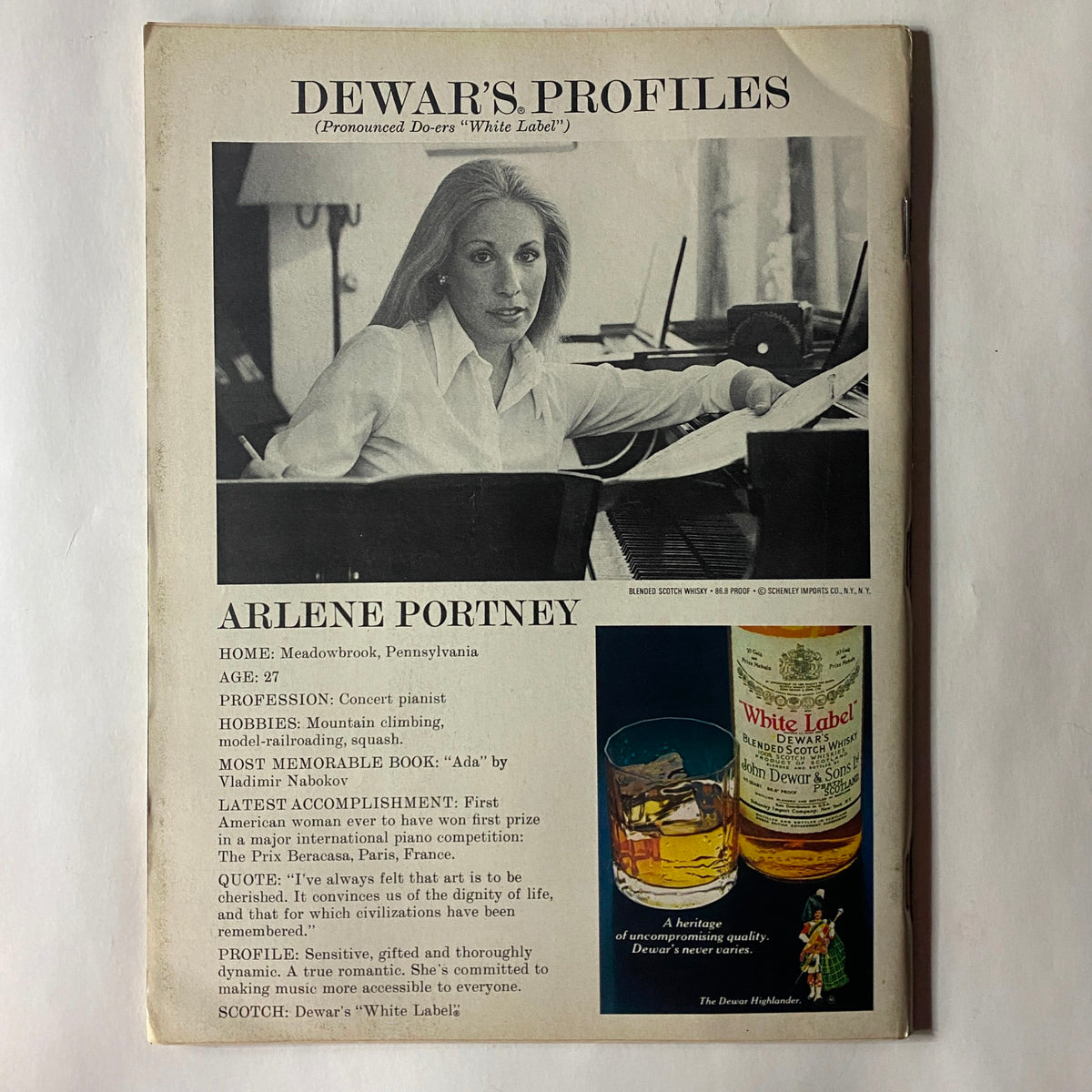 Back cover of the Sports Illustrated Magazine October 31 1977, featuring a profile of concert pianist Arlene Portney with related advertisement.