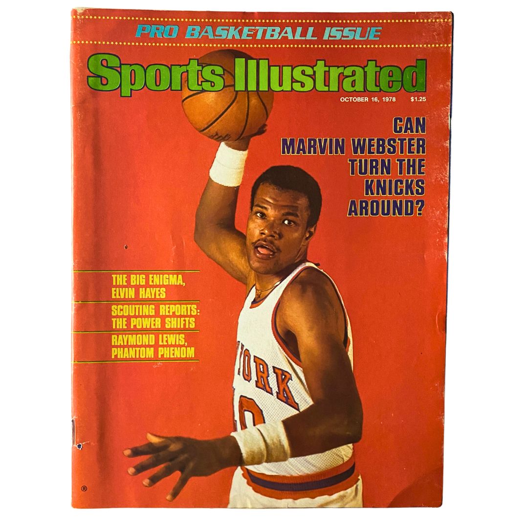 Vintage Sports Illustrated Magazine cover from October 16, 1978, featuring Marvin Webster in a New York Knicks uniform, showcasing a vibrant design with headlines about basketball and iconic athletes.