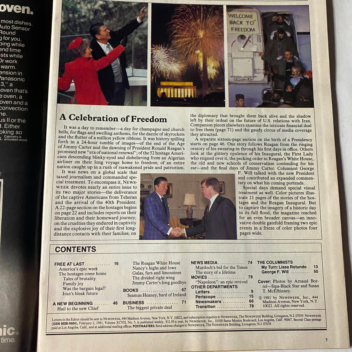 Interior page from VTG Newsweek Magazine February 2, 1981 Ronald Reagan Special Issue detailing 'A Celebration of Freedom' with historical context and images related to Reagan's presidency.