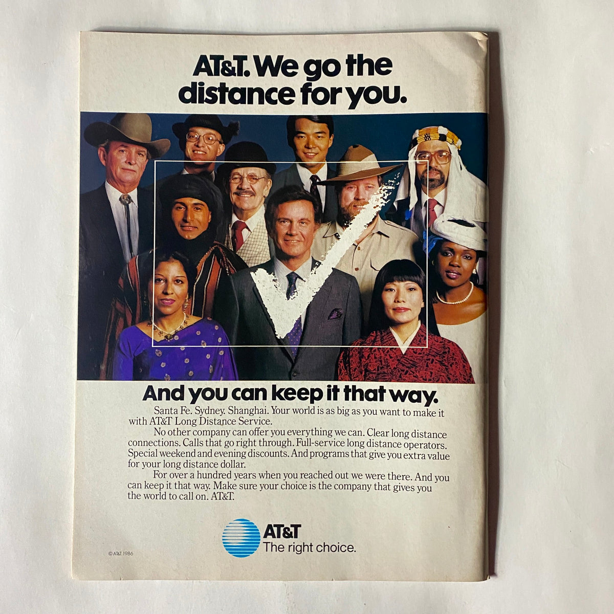 Vintage Time Magazine from February 10, 1986 featuring the Space Shuttle Challenger, showcasing a group of diverse individuals representing AT&T and their long distance service.