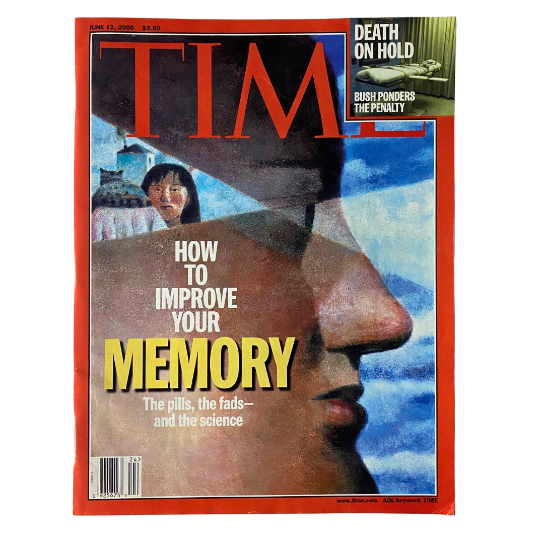 Cover of Time Magazine from June 12, 2000, featuring the title 'How To Improve Your Memory' with a striking visual of a profile silhouette. Ideal collector's item for vintage magazine enthusiasts.