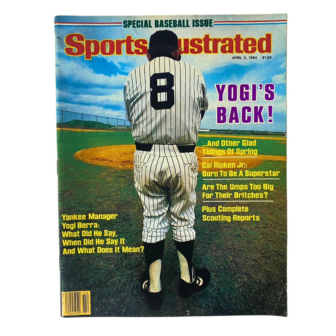 Vintage Sports Illustrated magazine from April 2, 1984, featuring Yankee Manager Yogi Berra on the cover, showcasing his iconic figure in baseball. This special baseball issue highlights the essence of the sport during the 1980s.