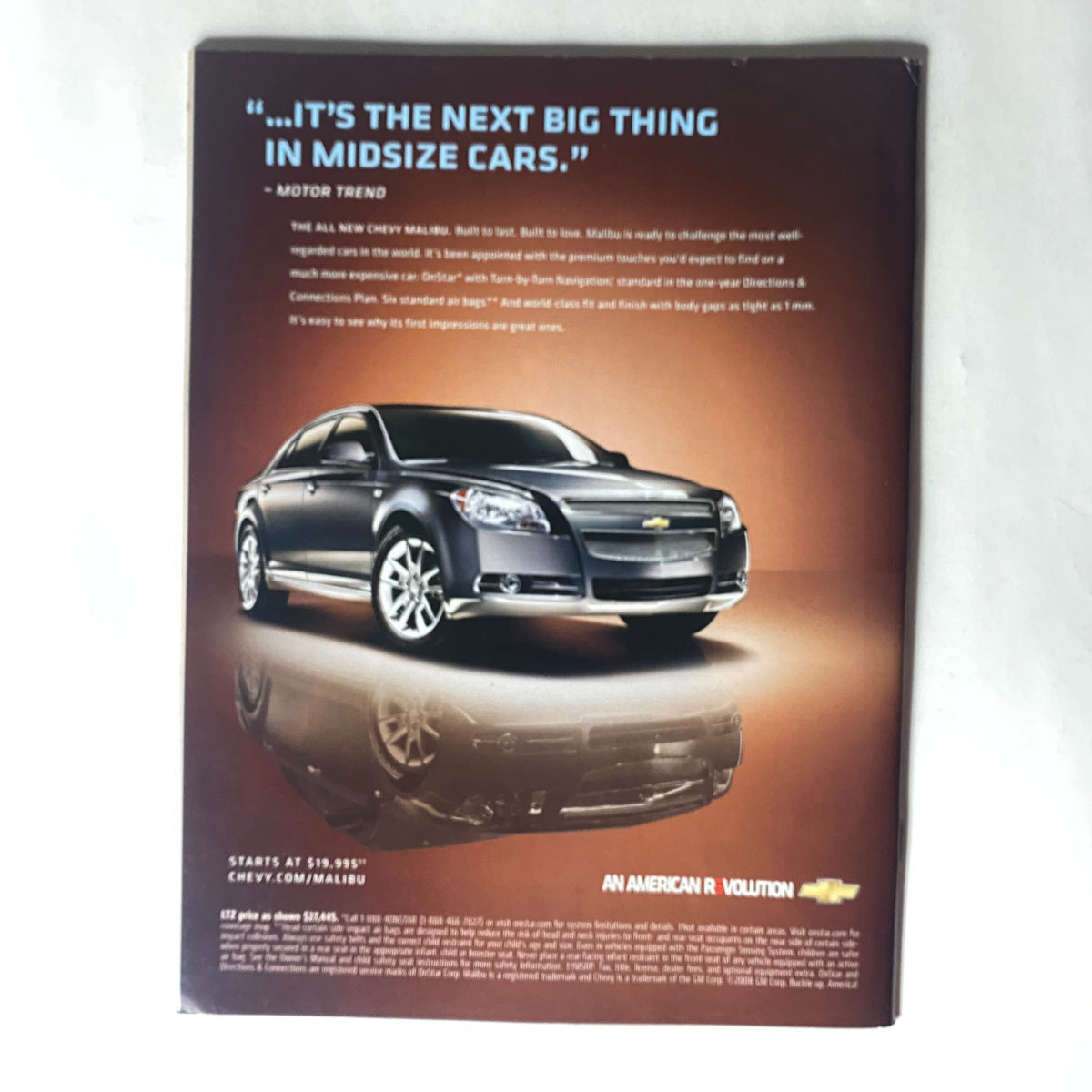 Back cover of Sports Illustrated Magazine February 11 2008 showcasing an advertisement for the Chevrolet Malibu, highlighting its features and performance.
