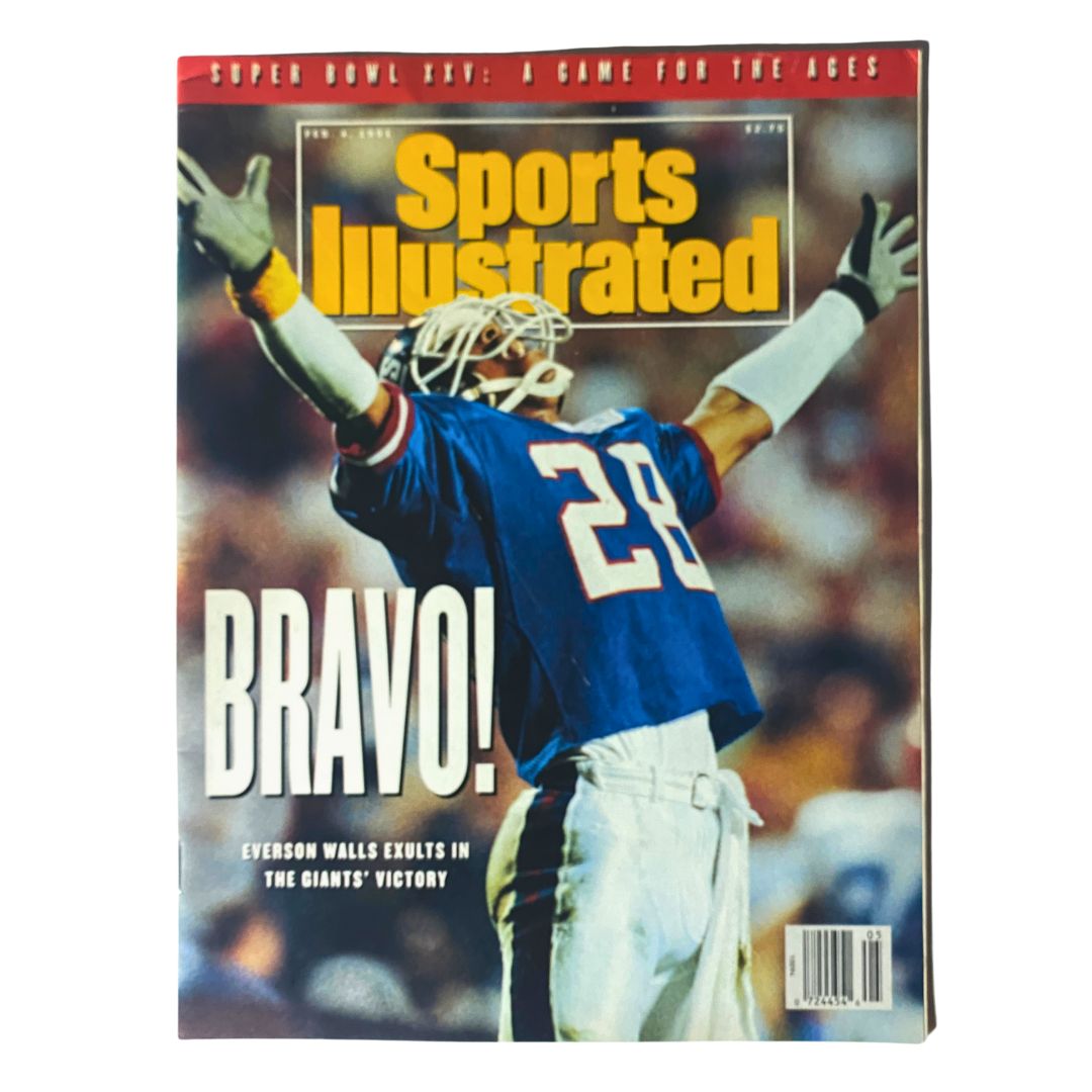 Cover of Sports Illustrated Magazine February 4, 1991, featuring Everson Walls with the headline 'BRAVO!' celebrating the New York Giants' victory in Super Bowl XXV.