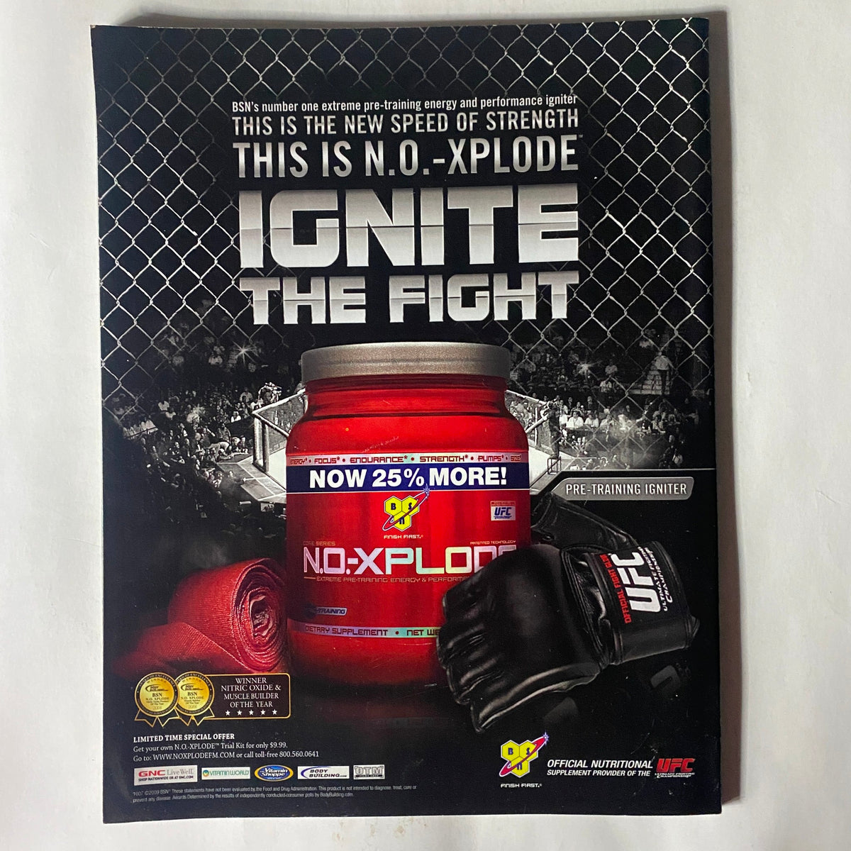 Back cover of Fight! Magazine April 2009 featuring an advertisement for N.O.-Xplode pre-training energy supplement, with promotional details.