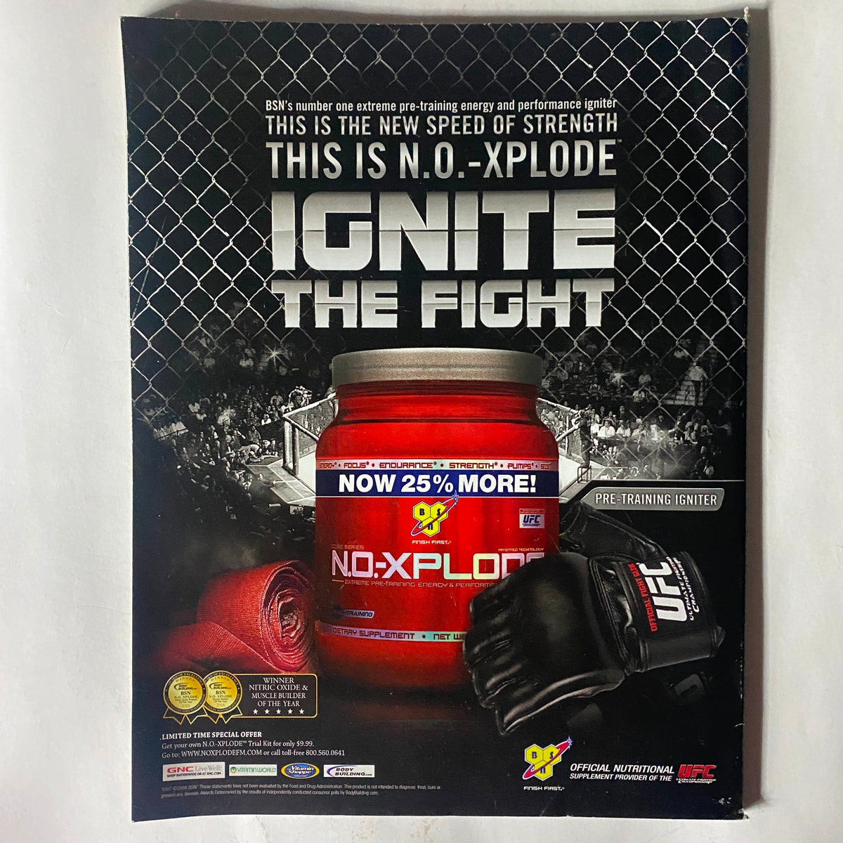 Ad for N.O.-Xplode pre-training energy supplement featured in Fight! Magazine, promoting the product as 'Ignite the Fight' with UFC branding.