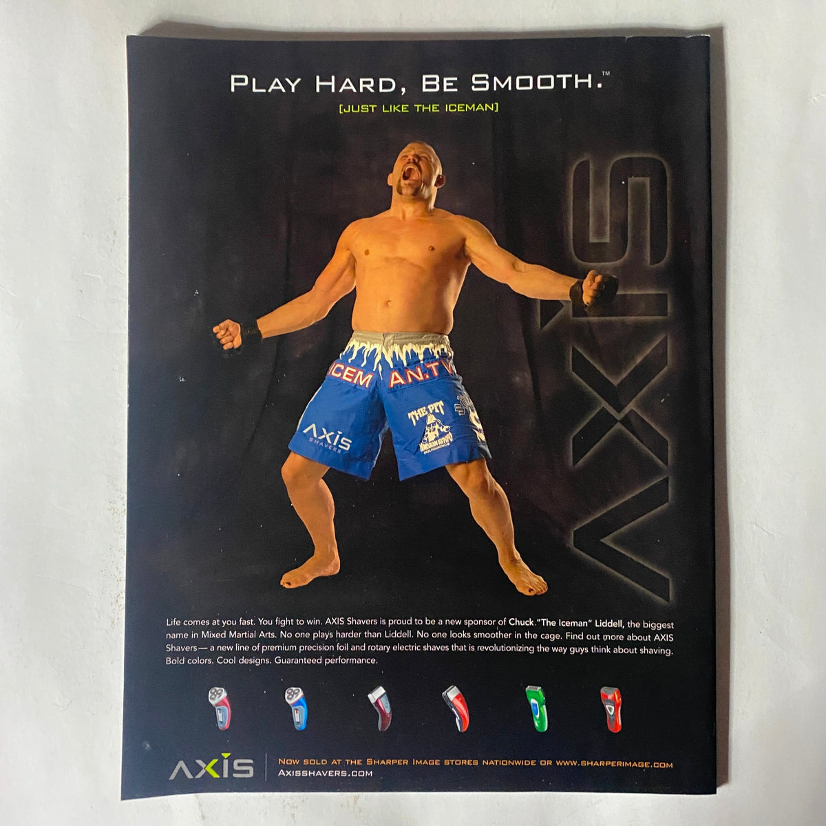 Promotional page for AXIS Shavers from Fight! Magazine August/September 2007, featuring an athletic model advertising shaving products for martial artists.