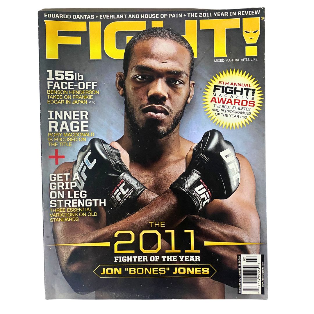 Fight! Magazine February 2012 cover featuring Jon 'Bones' Jones as Fighter of the Year with a striking image showcasing his athletic prowess and MMA gear.