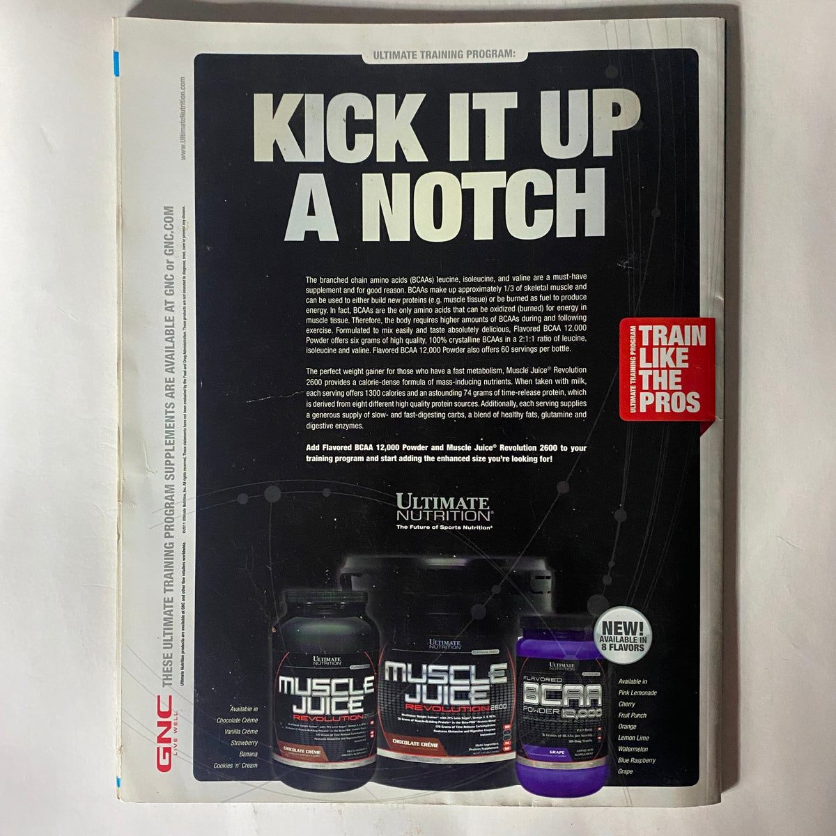 Back cover of Fighters Only US Magazine January 2012 Vol 3 No. 1 displaying a GNC advertisement for Ultimate Nutrition supplements with the tagline 'Kick It Up A Notch'.