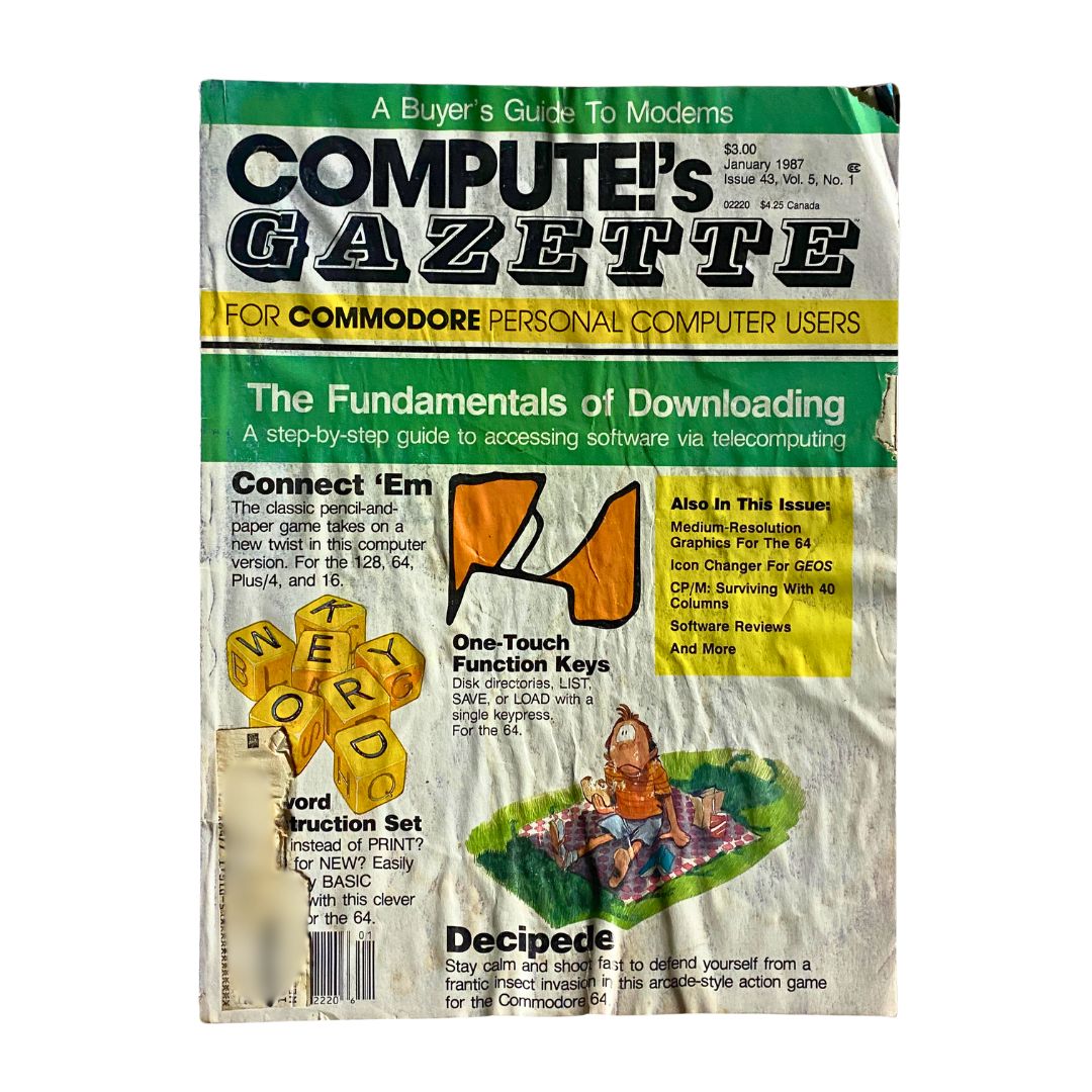 Compute's Gazette Magazine January 1987 cover showcasing the article 'The Fundamentals of Downloading' with highlights on computer literacy for Commodore users.