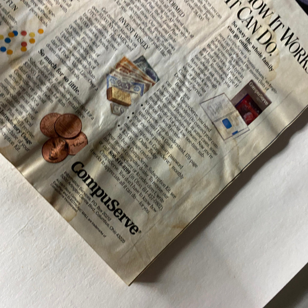 Interior page of Compute's Gazette Magazine January 1987 featuring an advertisement for CompuServe and showcasing information relevant to personal computing from the late 1980s.