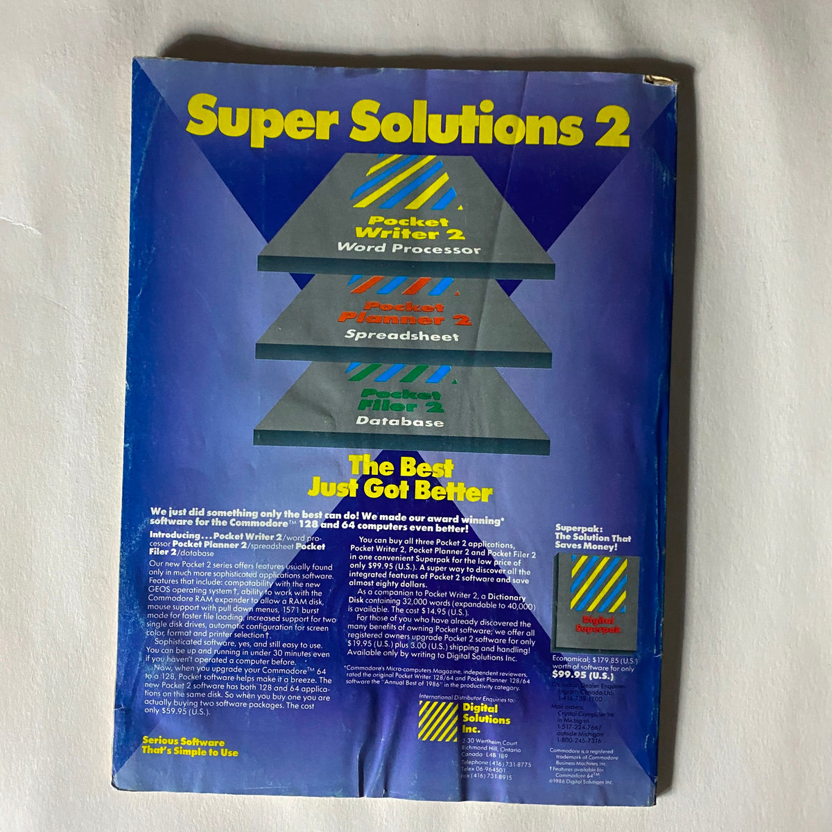 Back cover of Compute's Gazette Magazine January 1987, promoting Super Solutions 2 software for Commodore computers, including word processor, spreadsheet, and database applications.