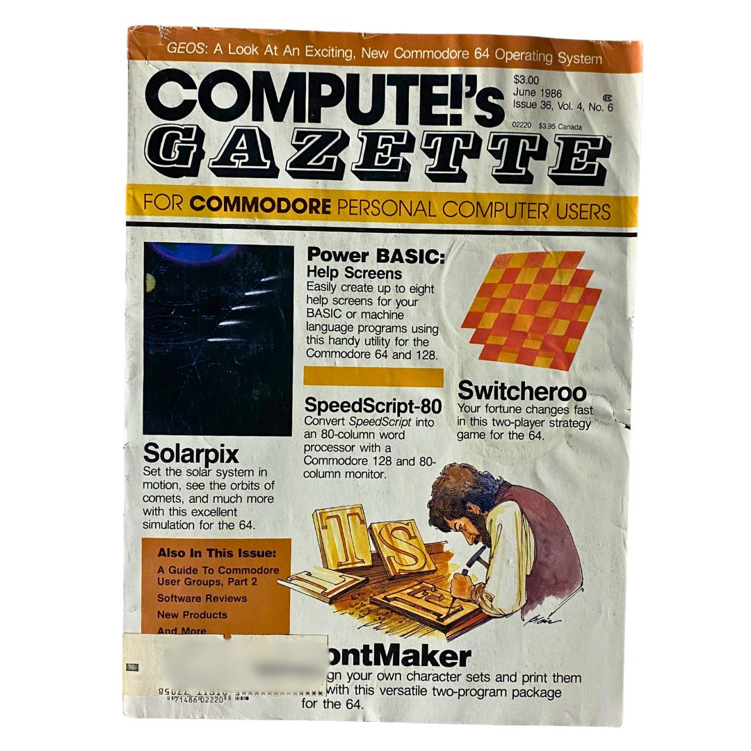 Cover of Compute's Gazette Magazine June 1986 featuring articles on Power BASIC, SpeedScript-80, and Switcheroo for Commodore personal computers, showcasing retro computing culture.