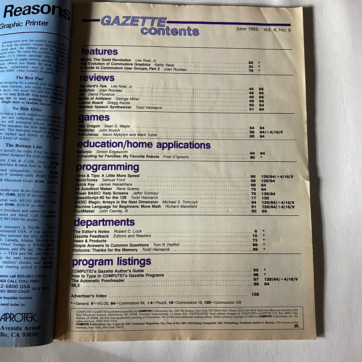 Compute's Gazette Magazine June 1986 contents page showcasing articles on programming, games, education, and features from the vintage computing era.