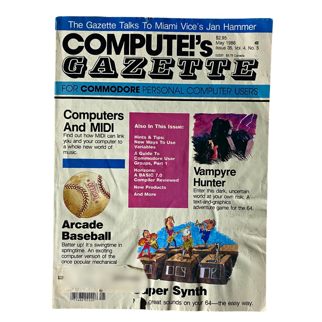 Cover of Compute's Gazette Magazine May 1986 featuring articles on Computers and MIDI, Arcade Baseball, and Vampyre Hunter. Highlights the cultural fusion of personal computing and entertainment.