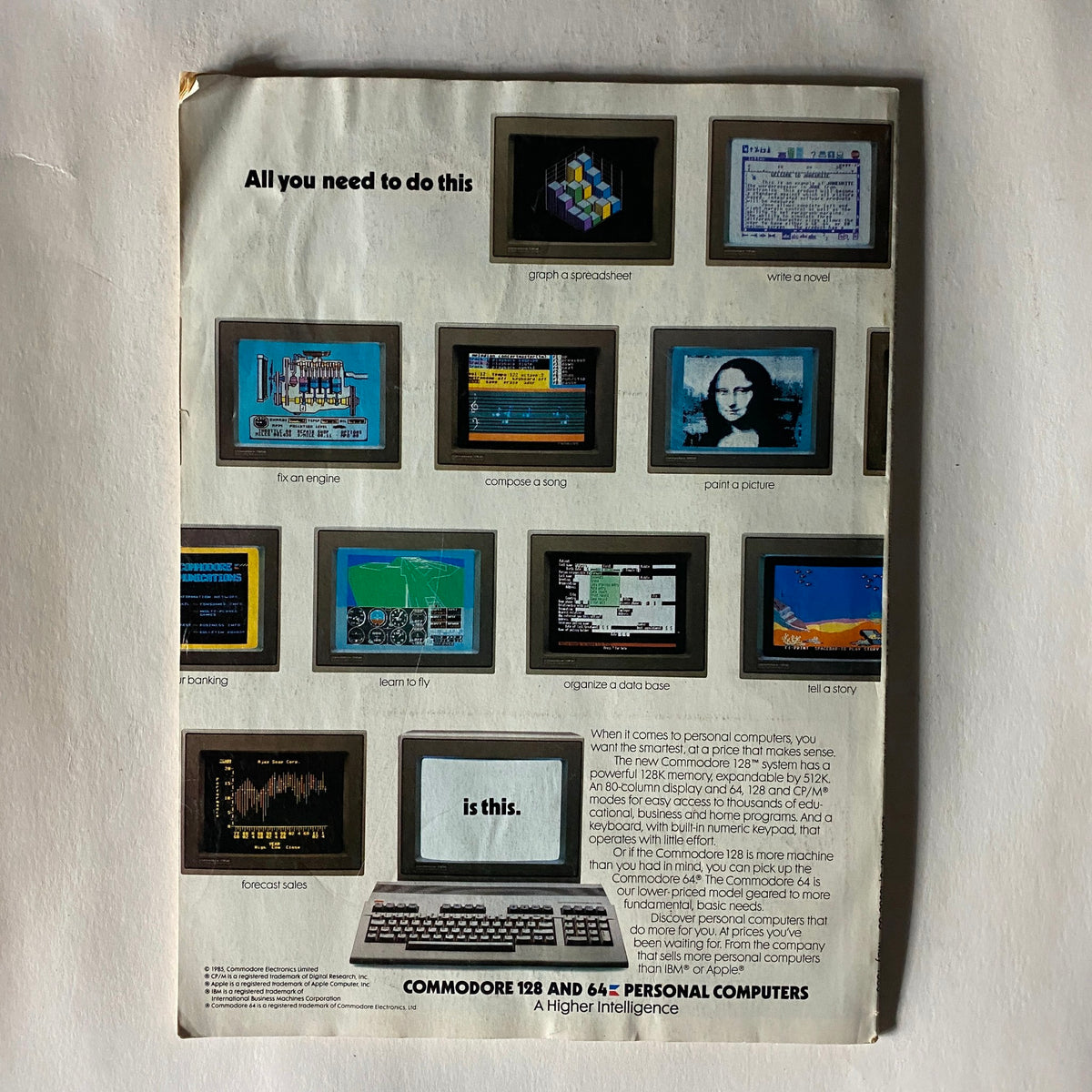 Back cover of Compute's Gazette Magazine May 1986 showcasing graphical capabilities of Commodore 128 and 64 personal computers, illustrating its applications in various tasks.