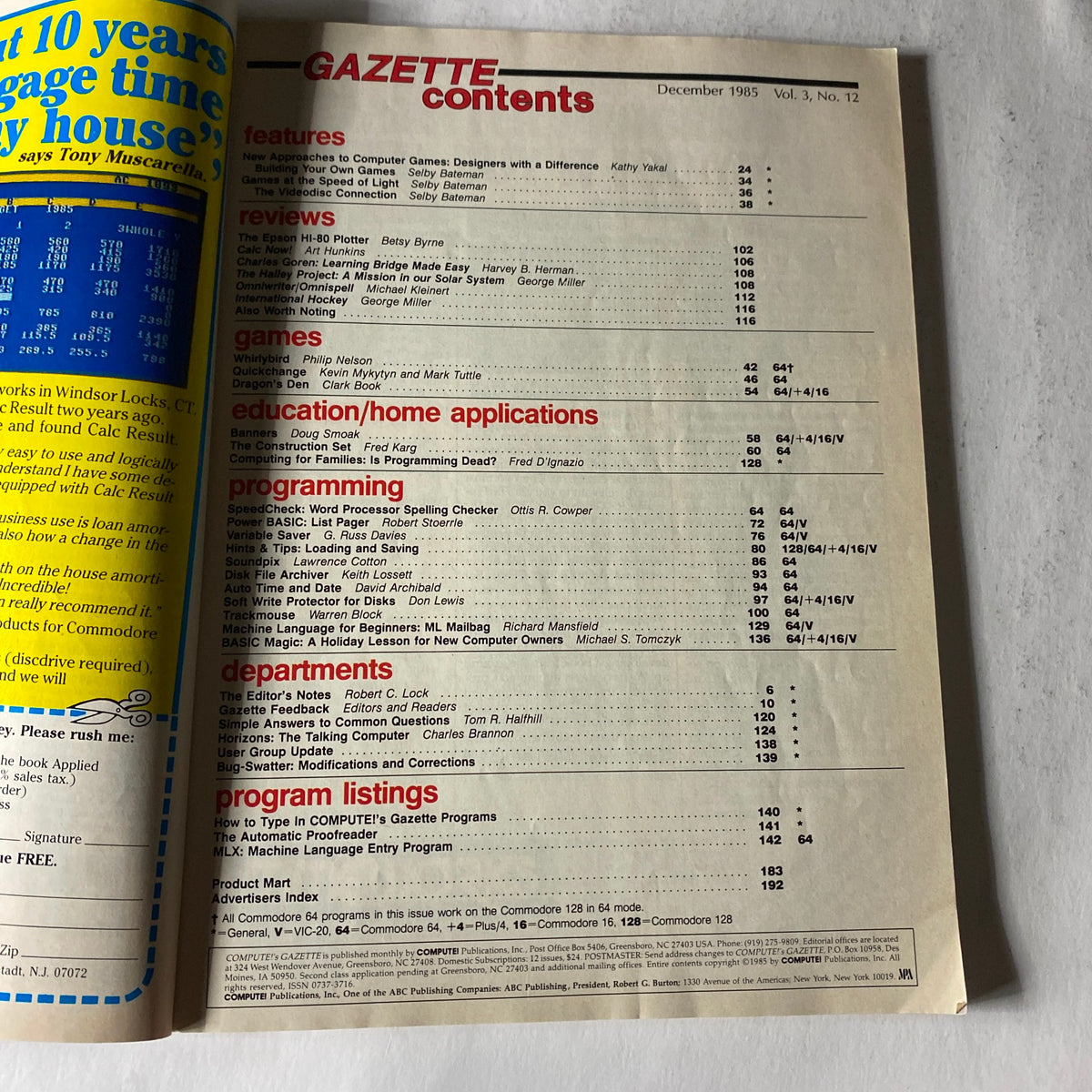 Contents page of Compute's Gazette Magazine December 1985 detailing featured articles, games, and programming sections for Commodore computers.