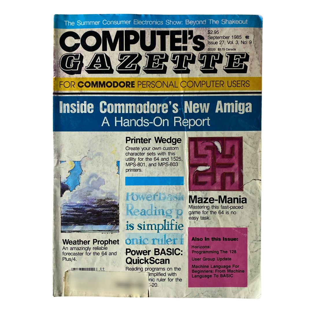 Cover of Compute's Gazette Magazine September 1985 featuring an article on Inside Commodore's New Amiga with details of printing utilities and a game review.