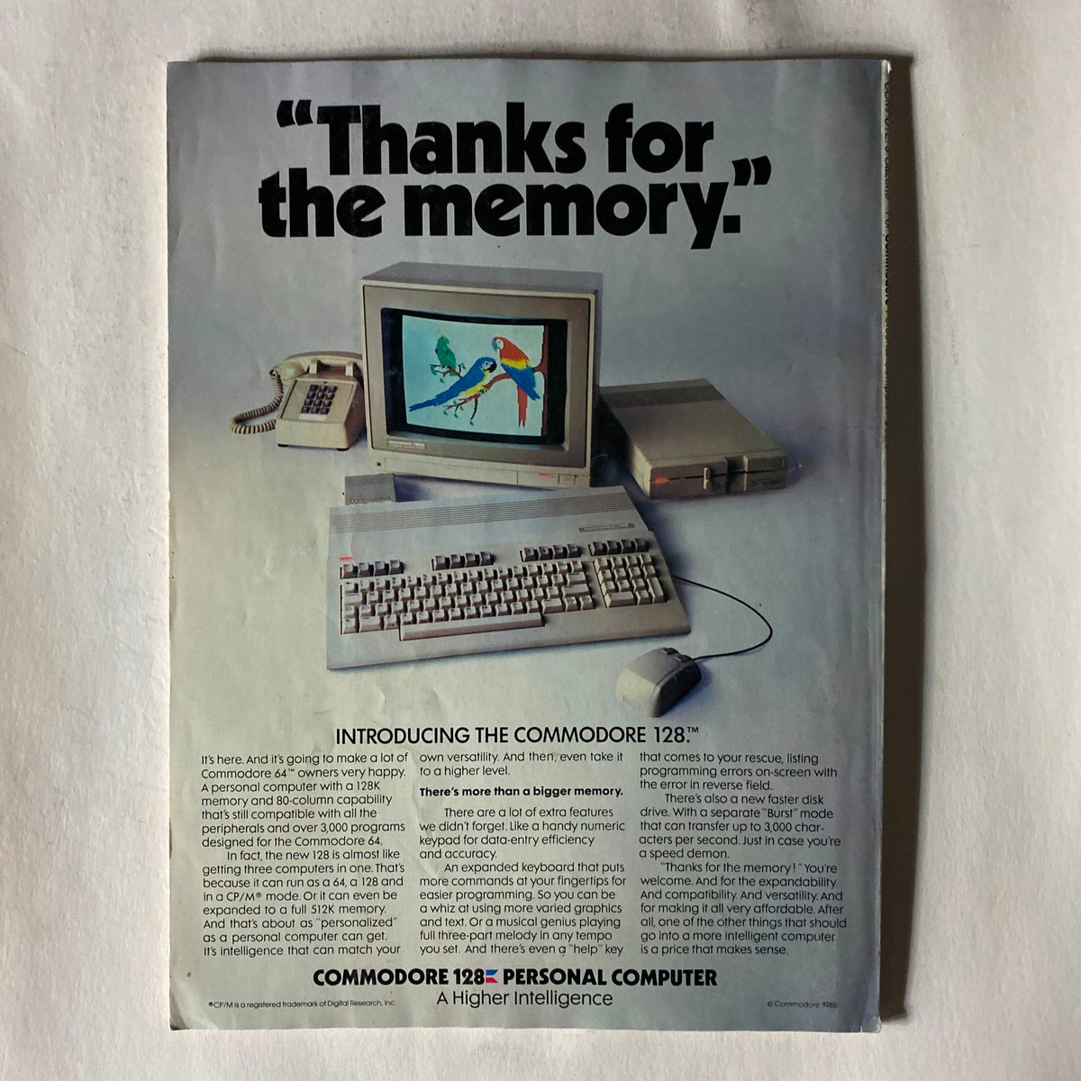 Back cover of Compute's Gazette Magazine September 1985 showcasing an advertisement for the Commodore 128 personal computer.
