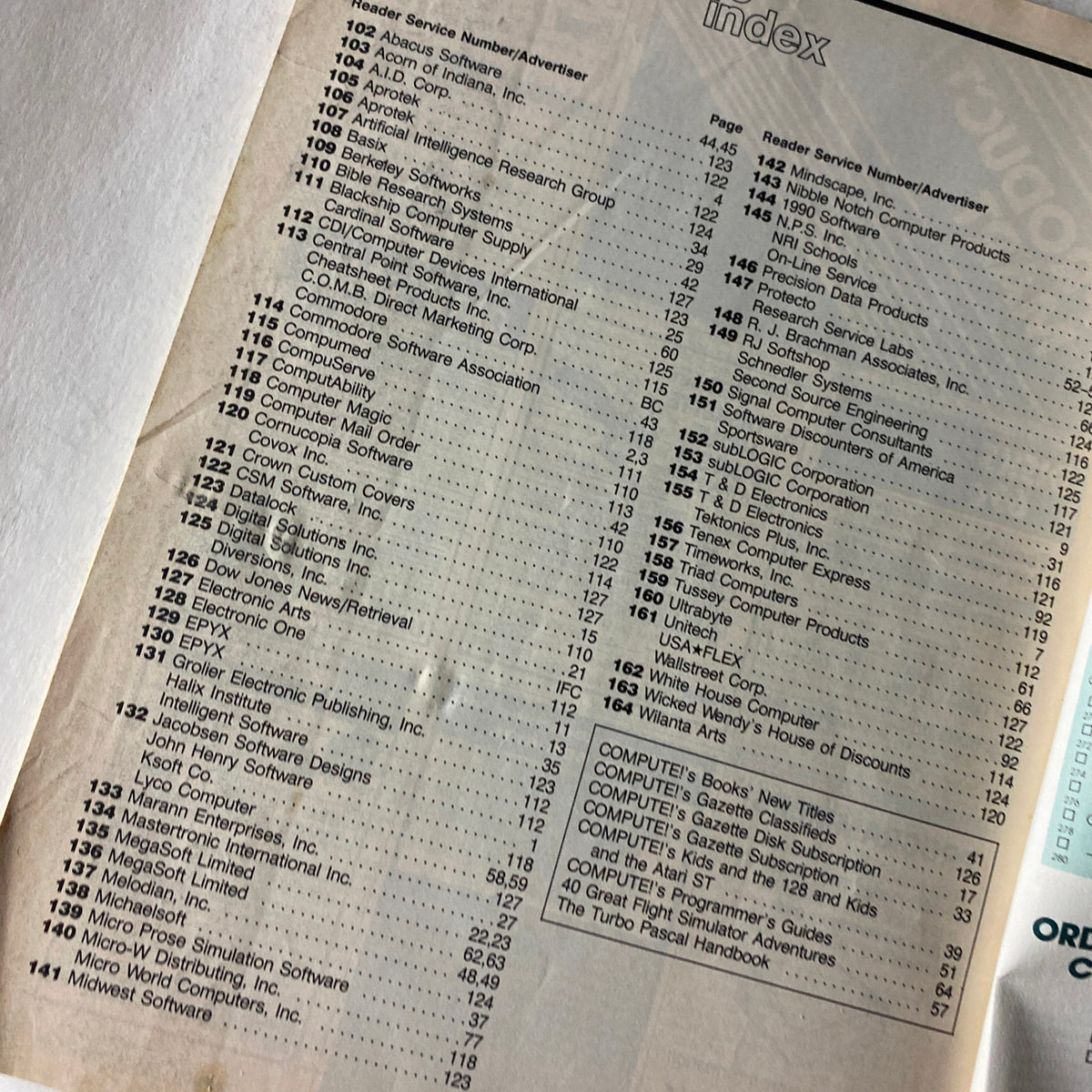 Index page from VTG Compute's Gazette Magazine March 1986, listing service numbers and advertisers related to retro computing resources.