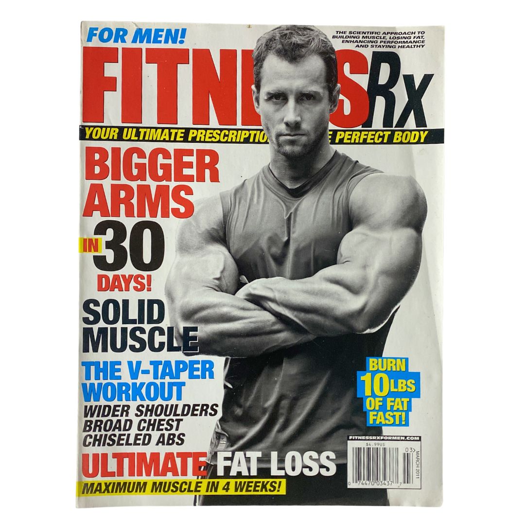 Fitness RX Magazine March 2011 cover featuring a muscular man with the headline about the V-Taper Workout and tips for ultimate fat loss.