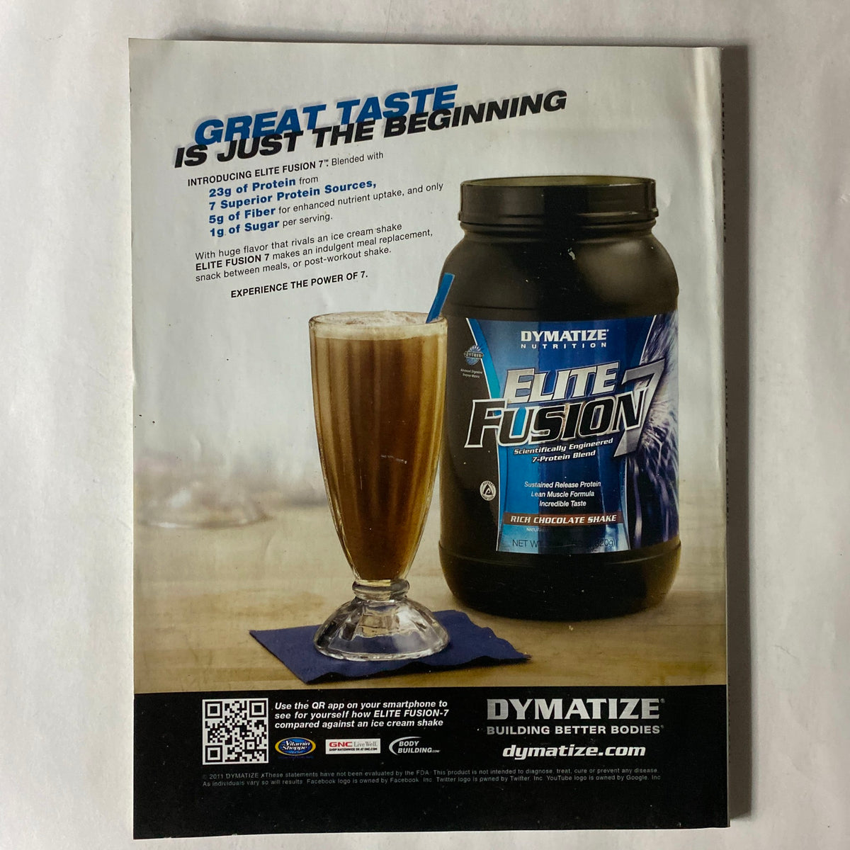Product advertisement from Dymatize showcasing Elite Fusion 7 protein powder with a glass of blended drink, complementing the Fitness RX Magazine March 2011 focus on fitness and nutrition.