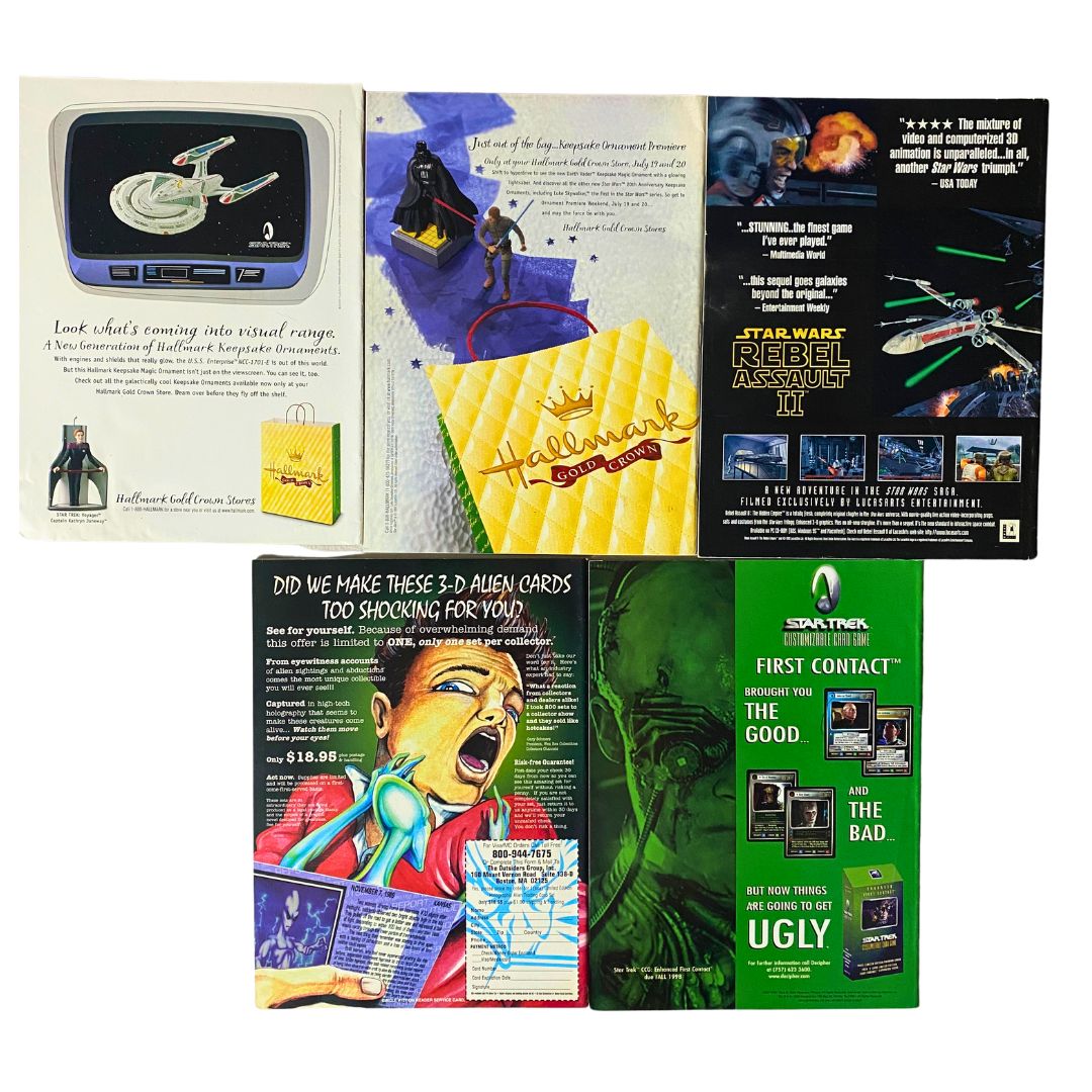 Back covers of Sci-Fi Universe Magazine showcasing advertisements and collectibles related to Star Wars and Star Trek, promoting themed merchandise and games.