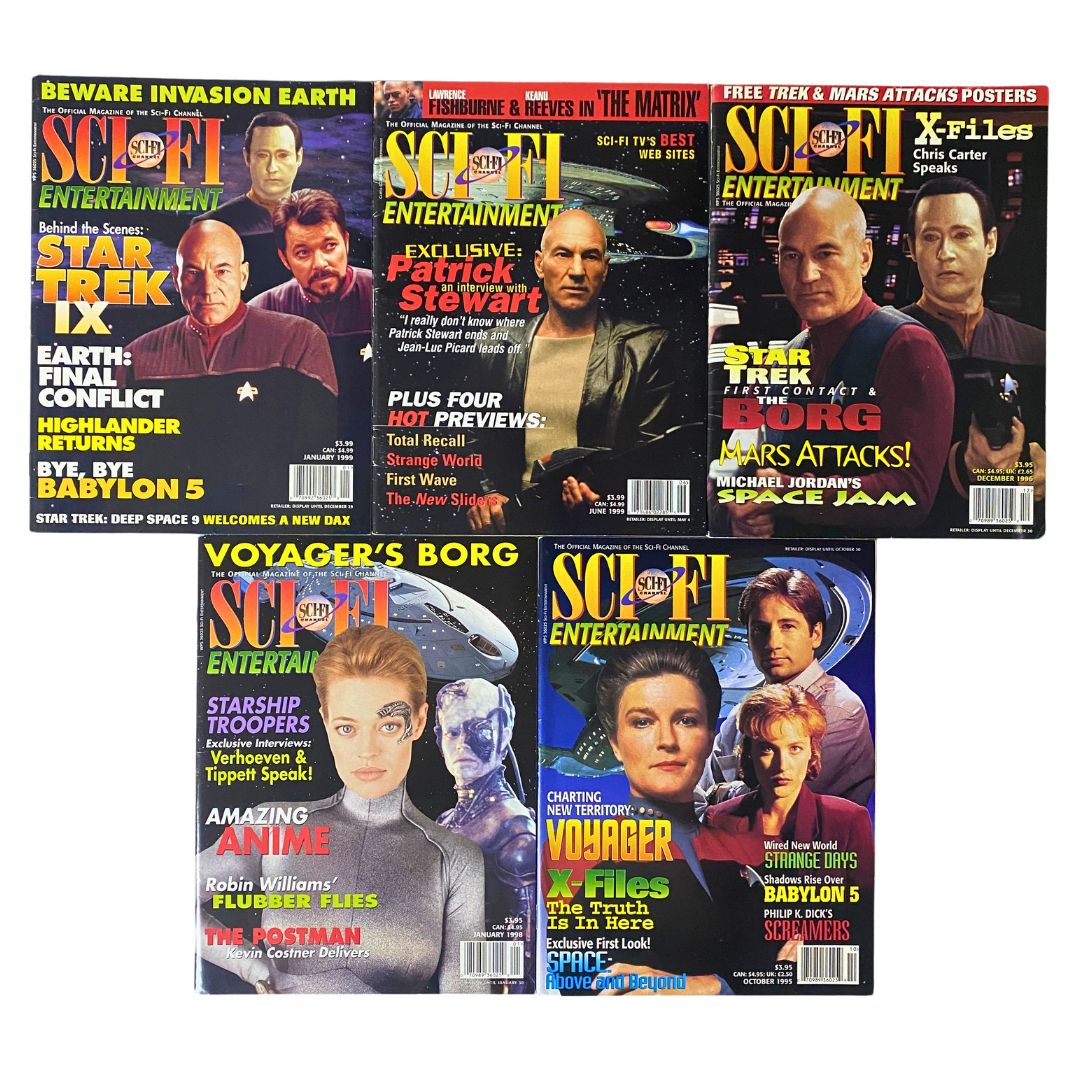 Lot of 5 Sci-Fi Entertainment Magazine 1995-1999 featuring Patrick Stewart and Star Trek covers showcasing vintage sci-fi themes and interviews.