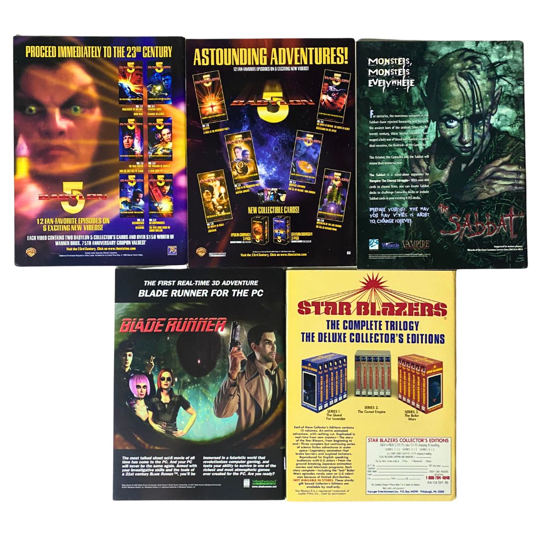 Back covers of vintage magazines including advertisements for Blade Runner and Babylon 5, showcasing collectibles from the 1995-1999 Sci-Fi Entertainment Magazine lot.
