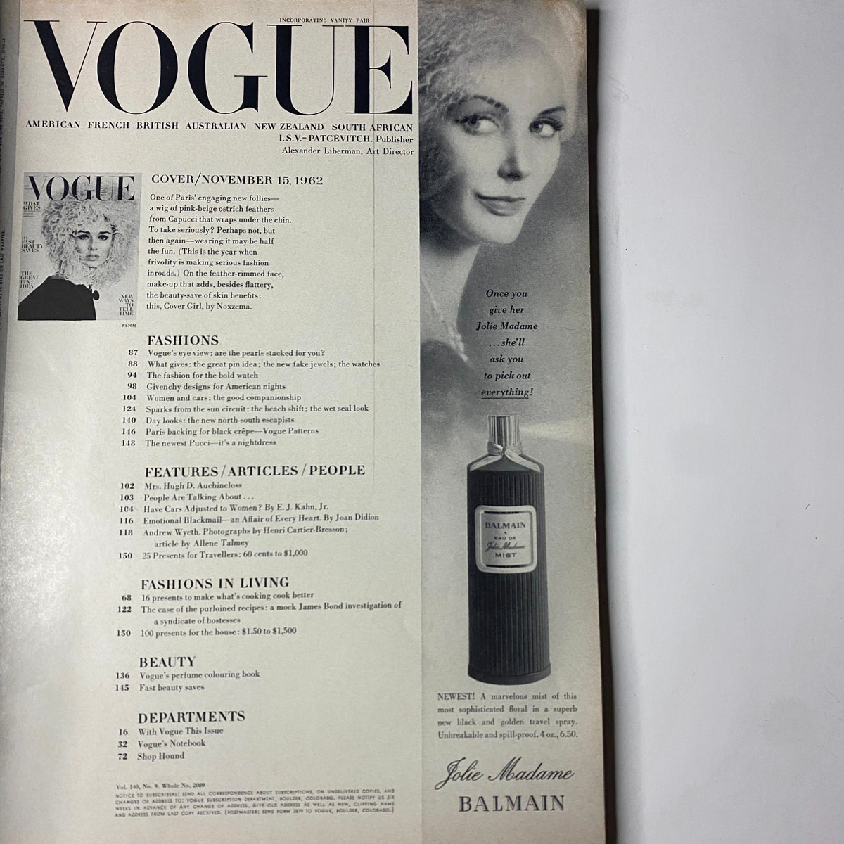 Inside page of Vogue Magazine November 15, 1962 displaying the contents and a Balmain advertisement, highlighting beauty and fashion insights.