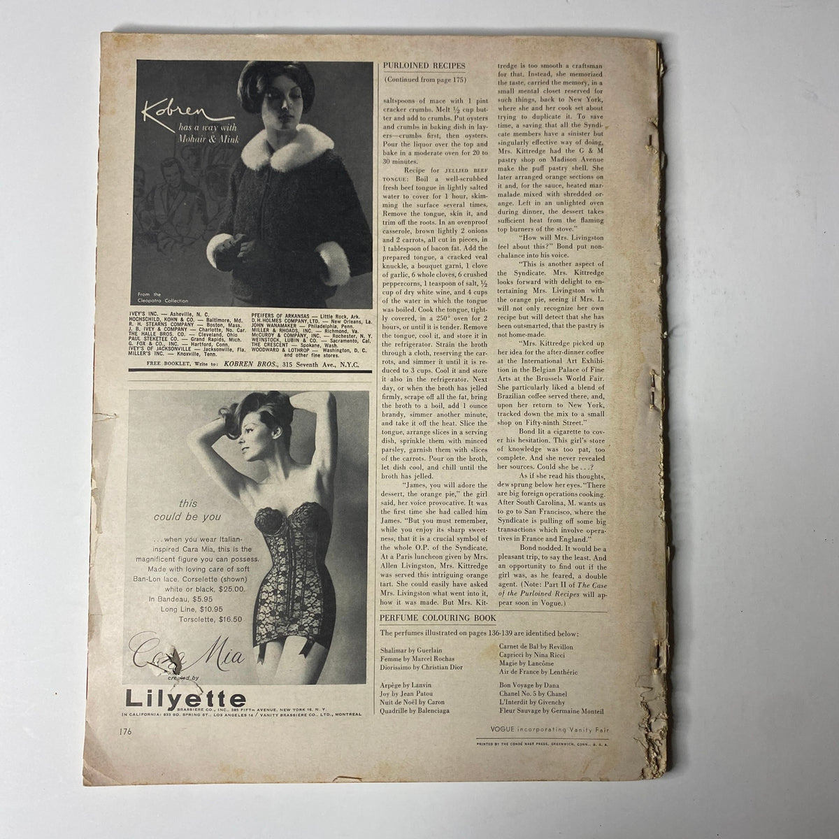 Back page of Vogue Magazine November 15, 1962 showcasing various advertisements, including a charming illustration for beauty products.
