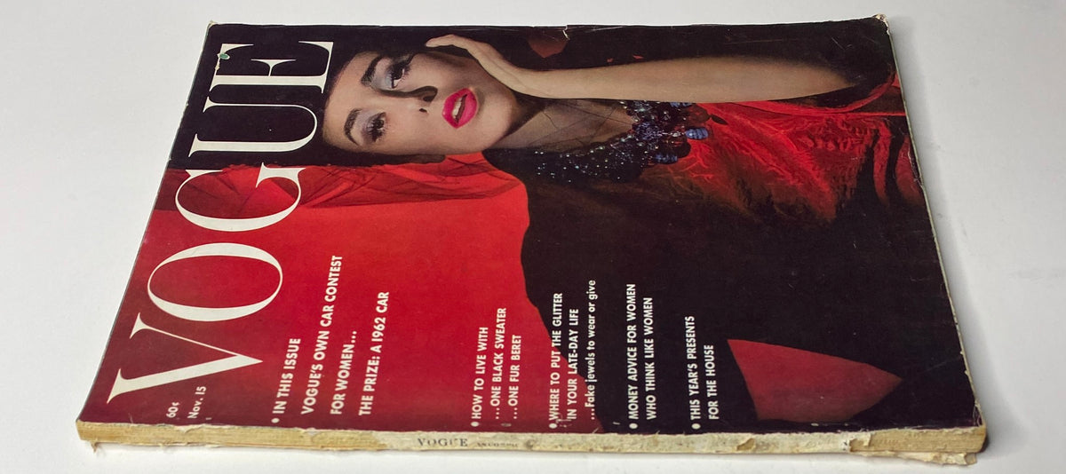 Vogue Magazine November 15, 1961 cover image highlighting the elegance and beauty of the featured model, with a focus on her chic makeup and vintage hairstyle.