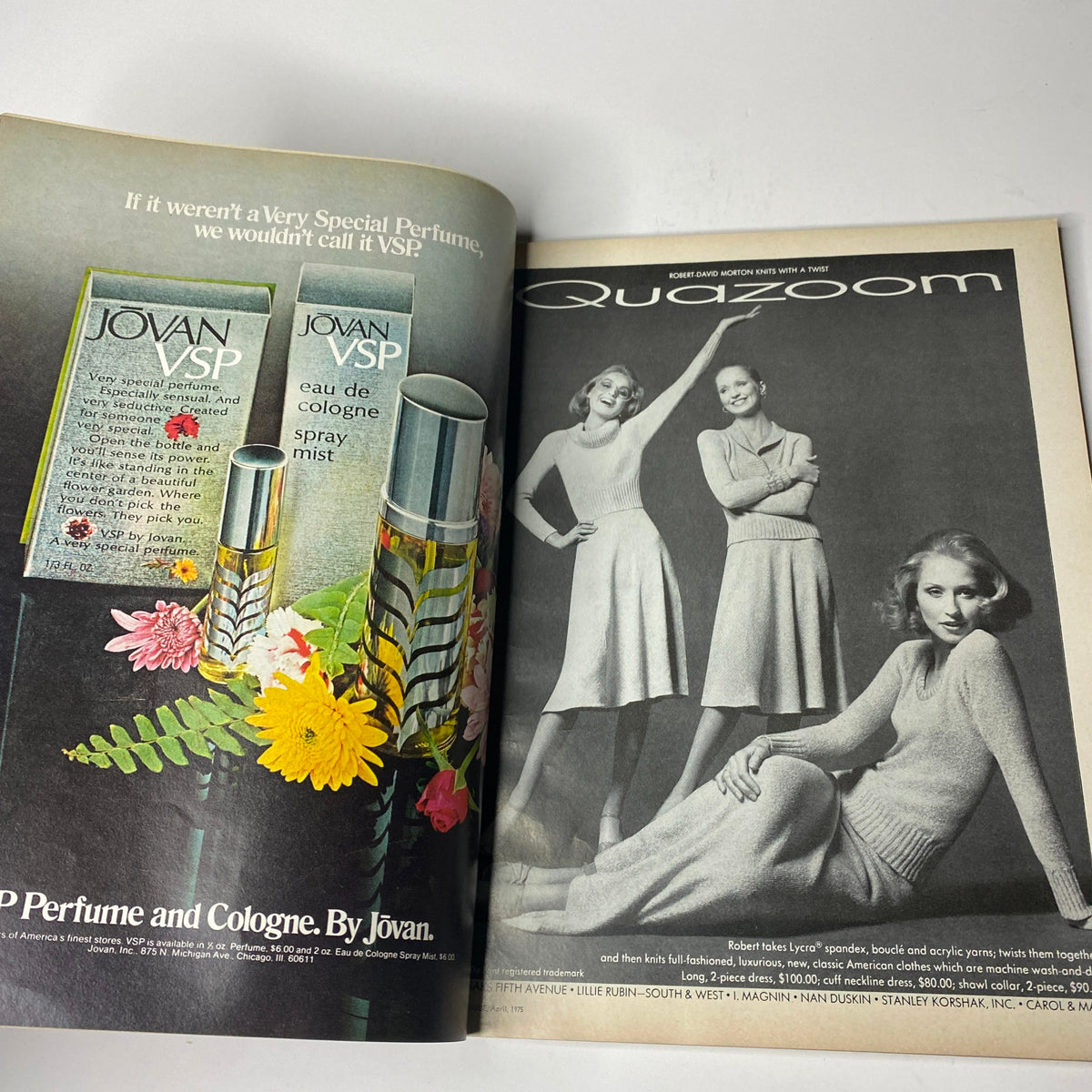 Advertisement page from Vogue Magazine April 1975 featuring Jovans Perfume and models, highlighting beauty trends.