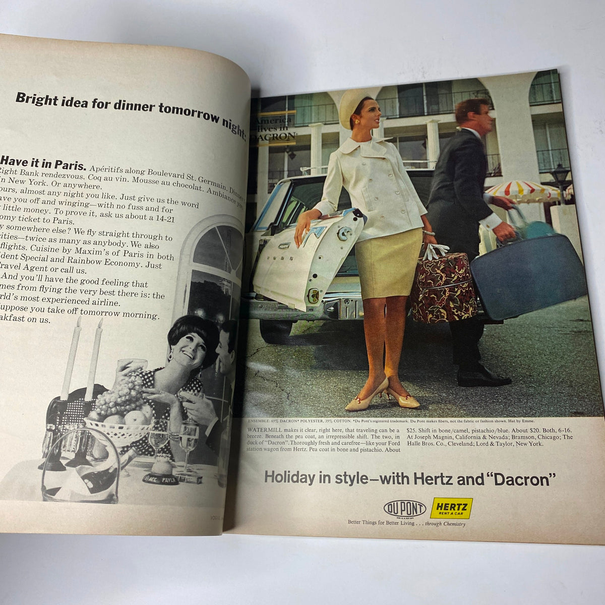 Vogue Magazine January 15, 1966 advertisement showcasing a stylish couple packing luggage for a holiday with Hertz and Dacron.