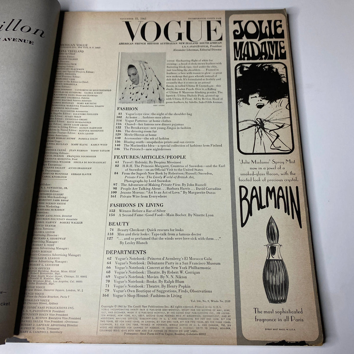 Table of contents page from Vogue Magazine – November 15, 1965 – highlighting articles on fashion, beauty, and features of the issue.