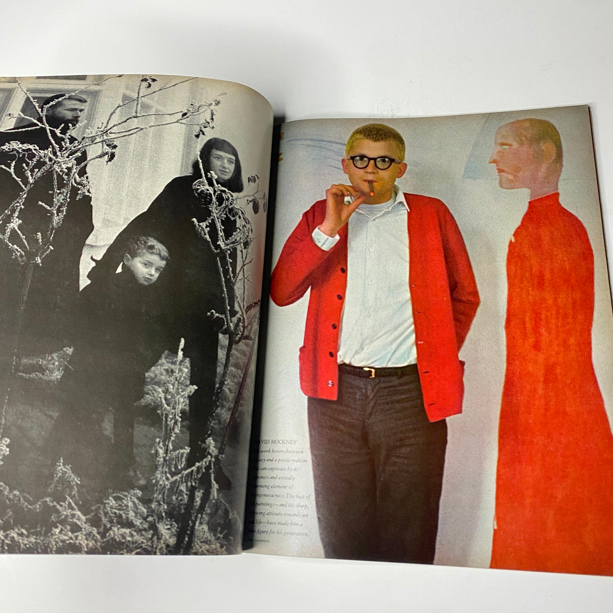 Artistic photo spread in Vogue Magazine – November 15, 1965 – featuring a model in a red cardigan, evoking 1960s fashion trends.