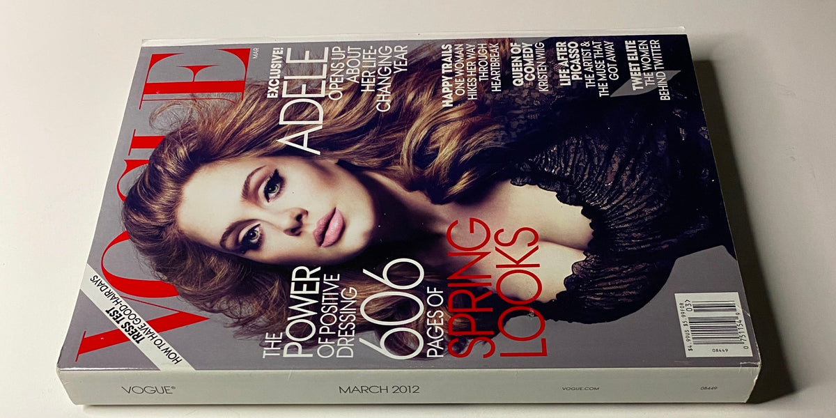 Vogue Magazine March 2012 featuring Adele on the cover, highlighting her stunning beauty and the magazine's focus on spring fashion trends and her life-changing experiences.
