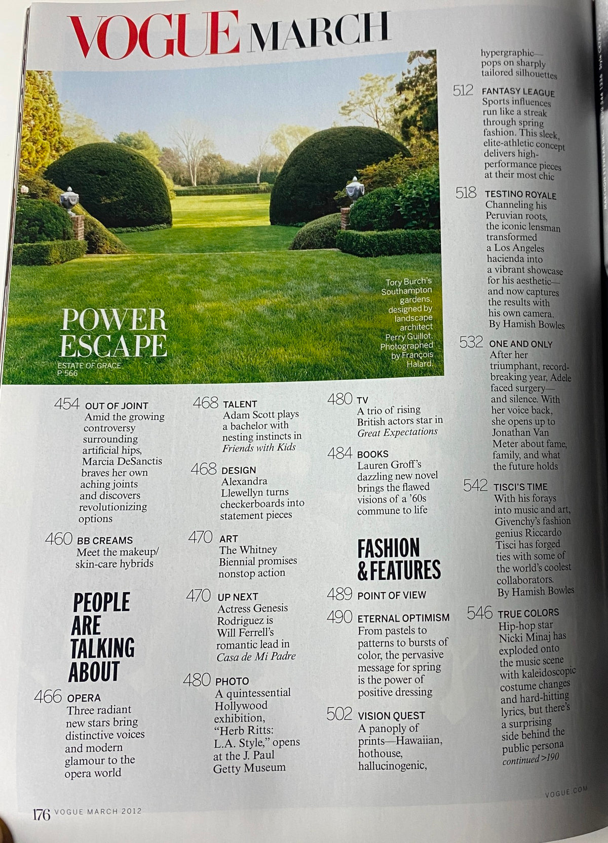 Inside page of Vogue Magazine March 2012, from the article detailing fashion features, including 'Power Escape' and various cultural insights.