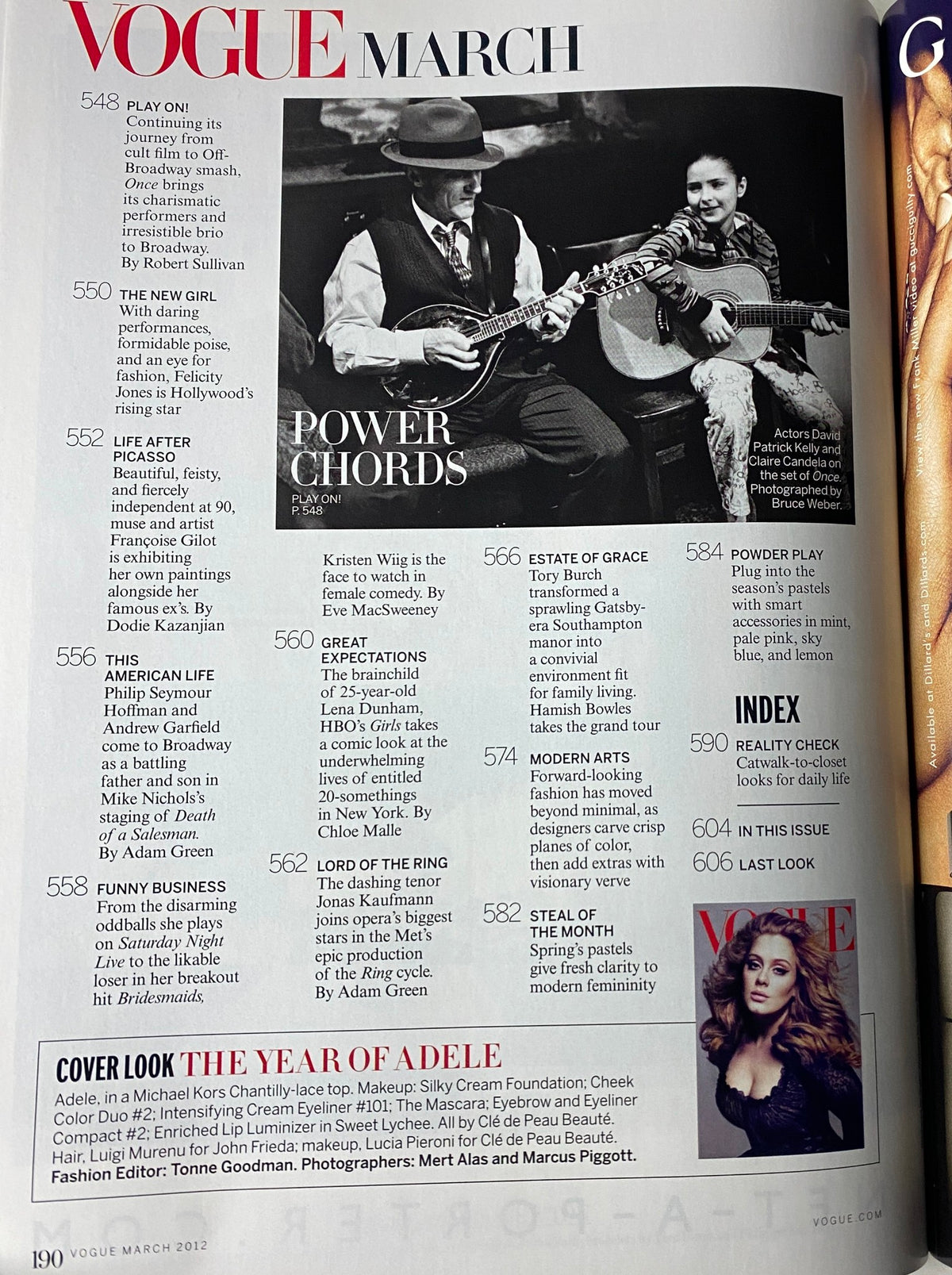 Another inside page of Vogue Magazine March 2012, showcasing profiles including Kristen Wiig and highlight pieces celebrating the artistry and influence of Adele.