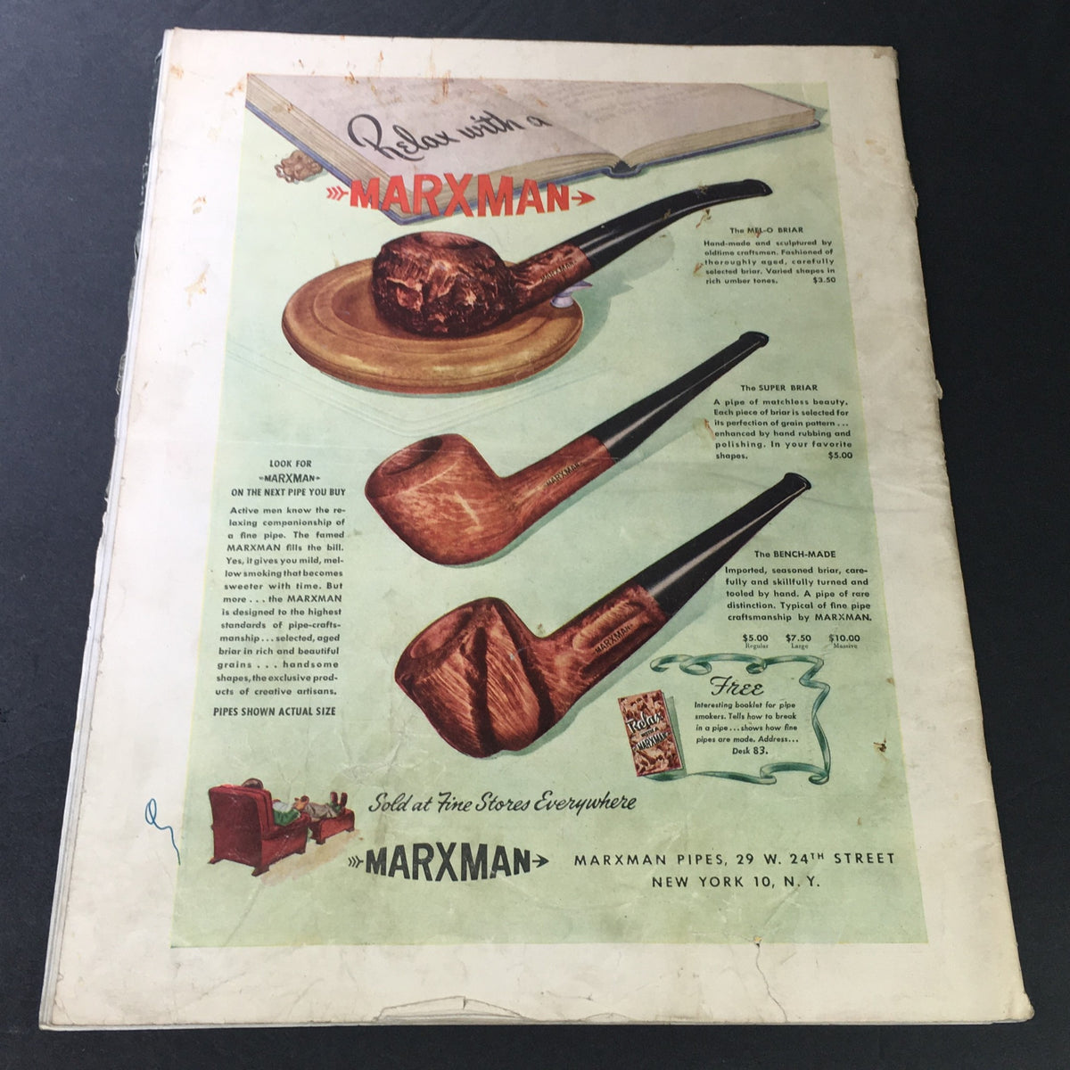 Vintage Pro Football Illustrated Magazine 1946 cover featuring advertising for Marxman pipes, showcasing various pipe designs on a green background.