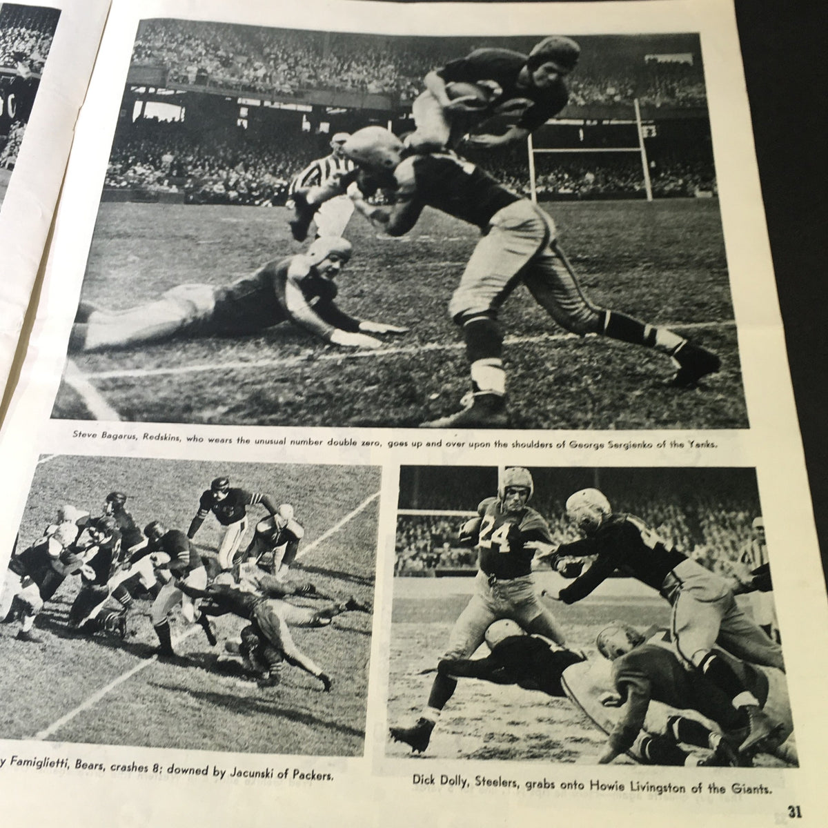 Action shots from the Vintage Pro Football Illustrated Magazine 1946 featuring football players, including Steve Bagarus and Dick Dolly, showcasing intense gameplay and moments.